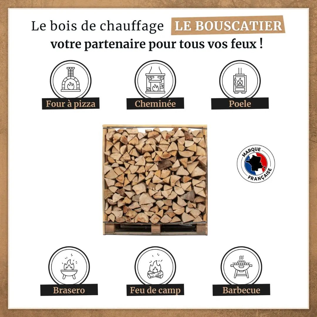 KIT : 1,5 stères en 30cm - Bois de Chauffage extra sec - chêne / hêtre / châtaignier + Bois d'allumage + Allumes-feu Le Bouscatier " Le bucheron provençal "