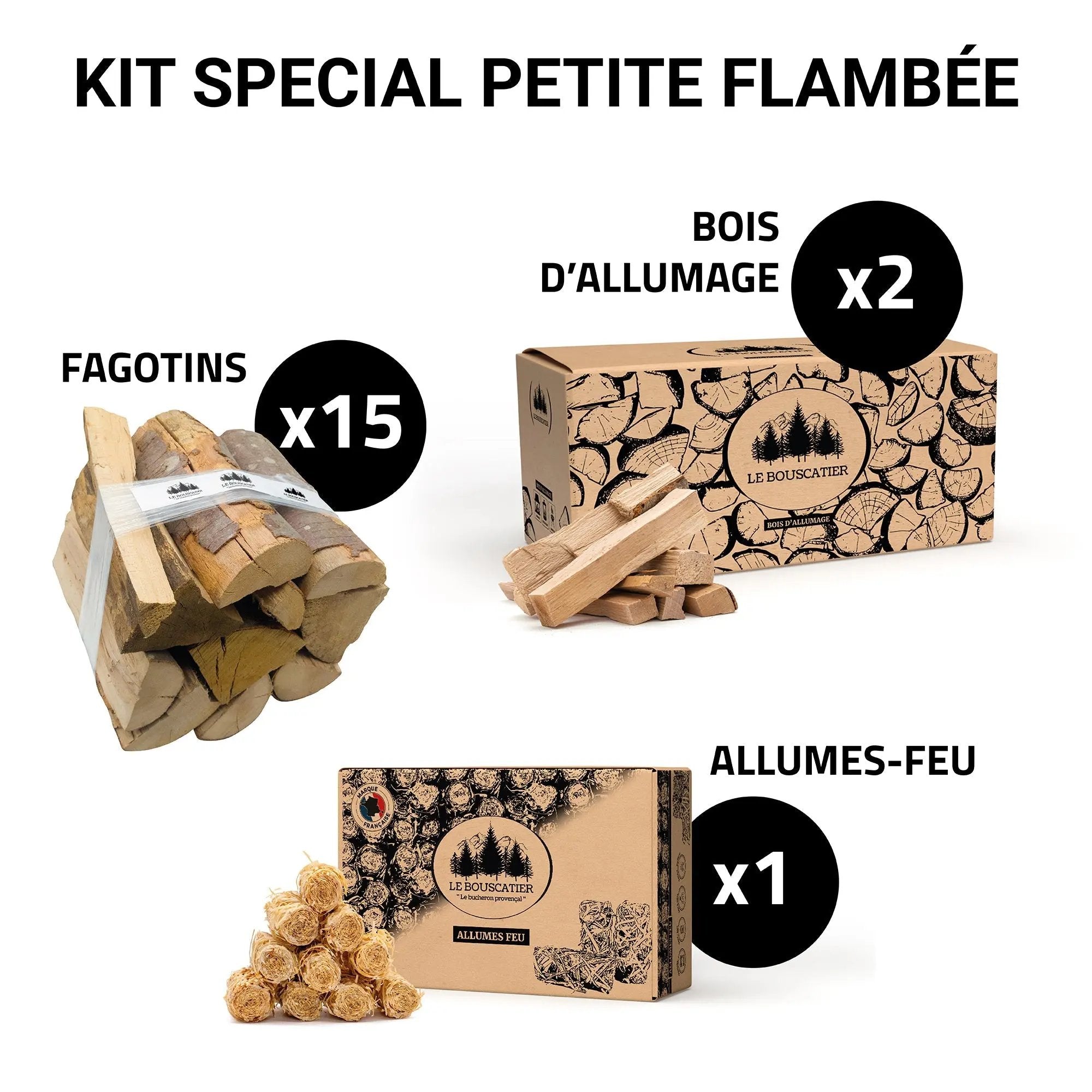 KIT MA FLAMBÉ PLAISIR - 15x fagotins 25L bois de chauffage extra sec + 12kg bois d'allumage + 2kg alume-feu Le Bouscatier " Le bucheron provençal "