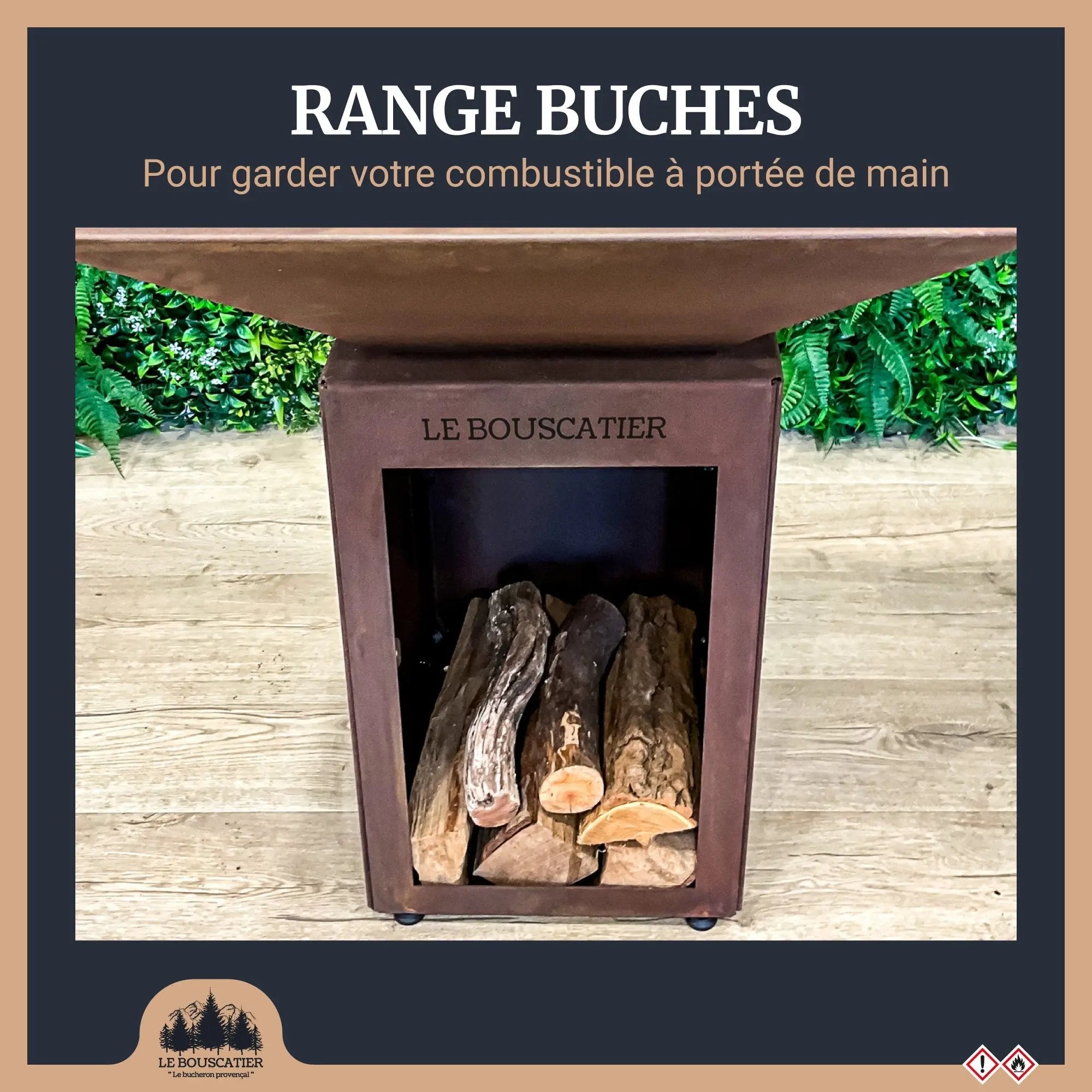 Lou provençau - Brasero plancha en acier corten avec rangement bûches - grille et stop food inclus Le Bouscatier " Le bucheron provençal "