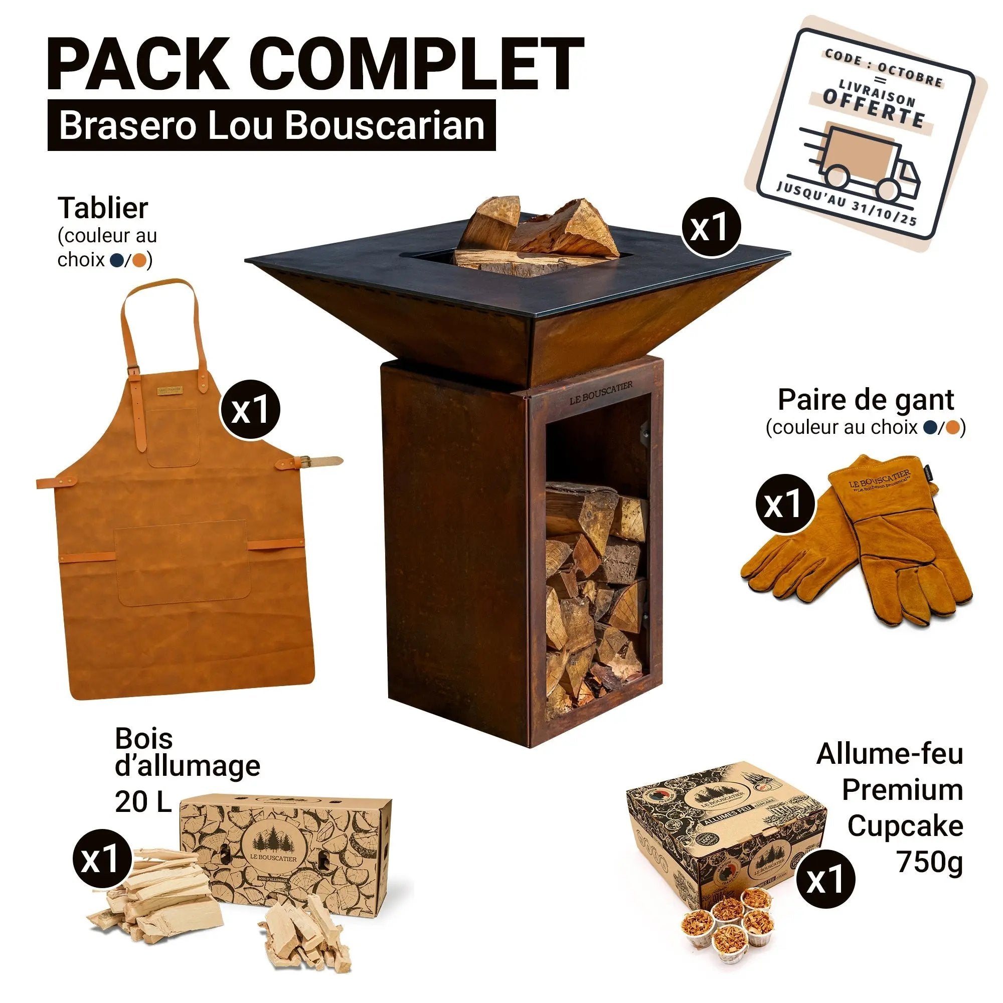 PACK - Brasero Lou Bouscarian + tablier + paire de gants + bois d'allumage + allume-feu Le Bouscatier " Le bucheron provençal "