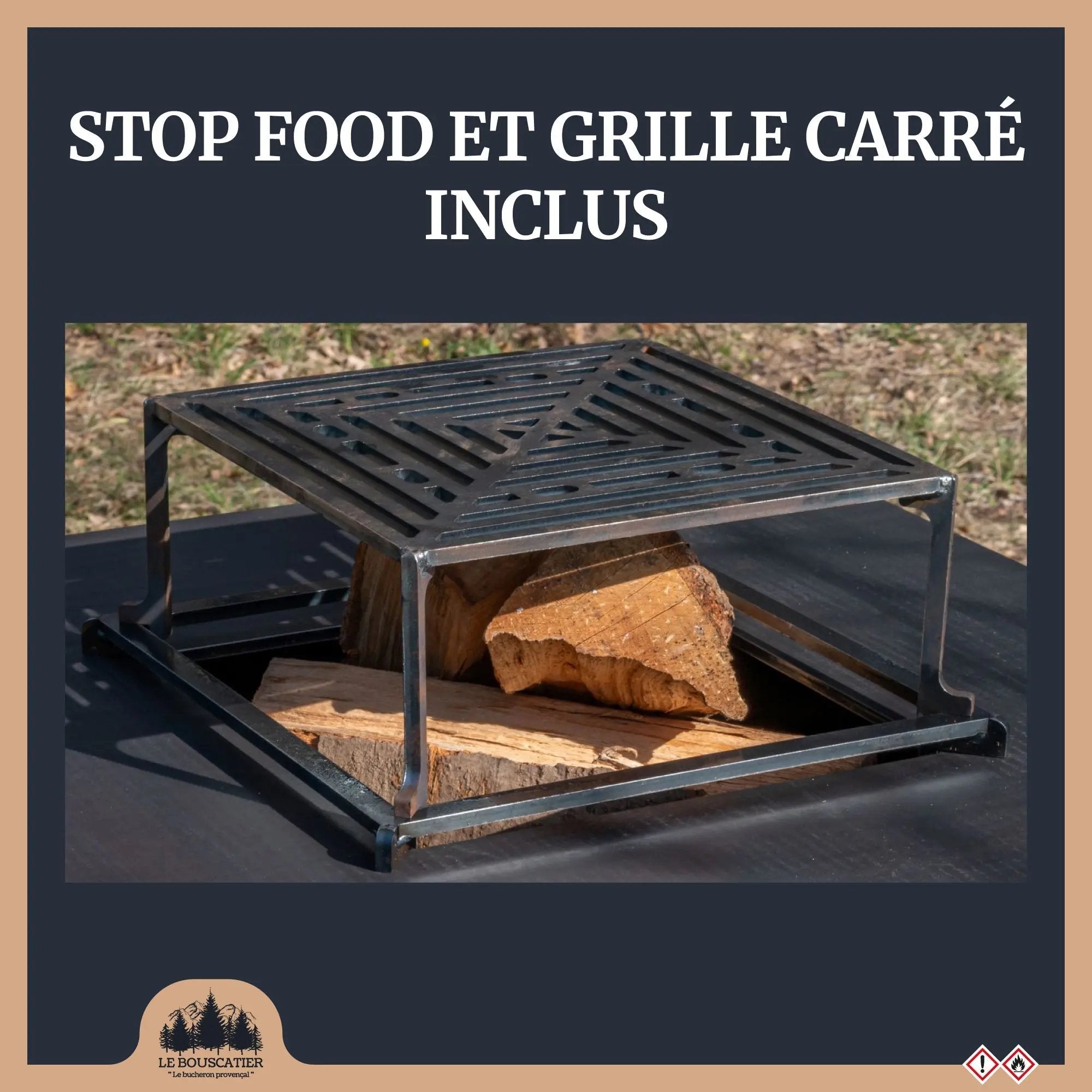 Lou provençau - Brasero plancha en acier corten avec rangement bûches - grille et stop food inclus Le Bouscatier " Le bucheron provençal "