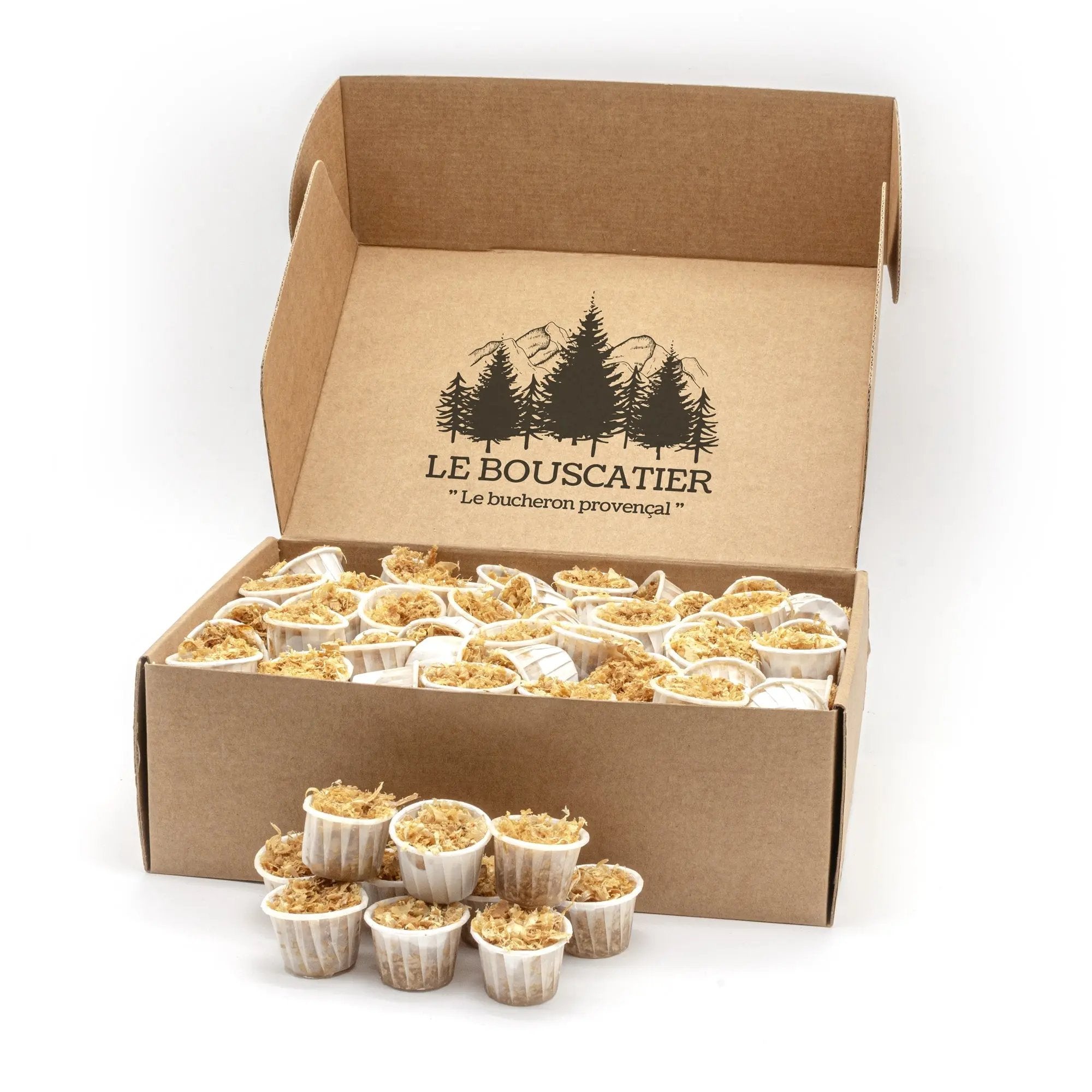 100/120u cupcake allumes-feu premium en sciure de bois 100% naturel pour barbecue et brasero Le Bouscatier " Le bucheron provençal "